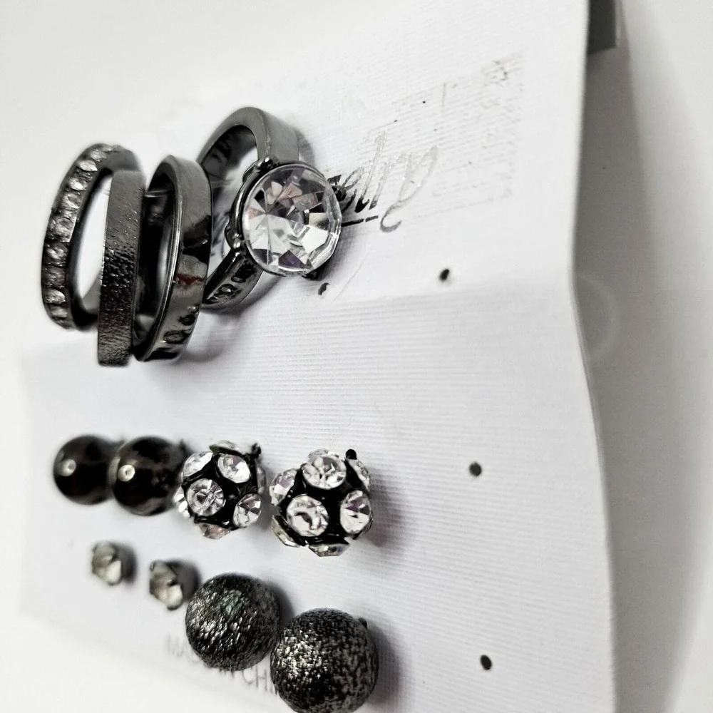 Rings Earrings Set Size 8‎ Gunmetal Rhinestone Studs Fashion Jewelry Gift New